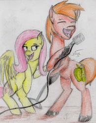 Size: 1791x2293 | Tagged: safe, artist:darkdawnbrony, big macintosh, fluttershy, pegasus, pony, female, fluttermac, male, microphone, shipping, singing, straight, traditional art