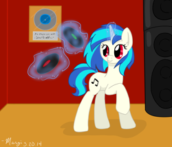 Size: 1400x1200 | Tagged: safe, artist:melodicmarzipan, dj pon-3, vinyl scratch, pony, unicorn, magic, record, red eyes, solo, telekinesis, vinyl, wrong eye color