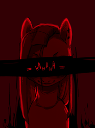 Size: 745x1000 | Tagged: safe, artist:ipoloarts, pinkie pie, earth pony, pony, angry, bust, creepy, ear piercing, earring, jewelry, laughing, monochrome, piercing, pinkamena diane pie, portrait, red background, simple background, solo, text