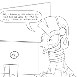 Size: 800x800 | Tagged: safe, artist:unsavorydom, zecora, zebra, computer, customer service, dialogue, headset, monochrome, phone, simple background, solo, tech support, white background