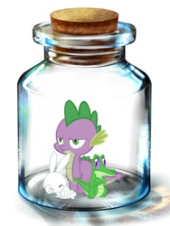 Size: 600x800 | Tagged: artist needed, safe, angel bunny, gummy, spike, dragon, bottle, gummy doesn't give a fuck, male, pony in a bottle, unamused