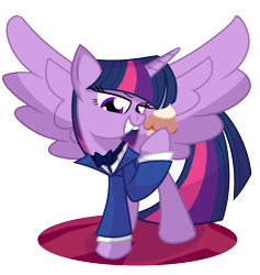 Size: 1800x1900 | Tagged: safe, artist:geraritydevillefort, derpibooru import, twilight sparkle, twilight sparkle (alicorn), alicorn, pony, clothes, crossover, food, monsparkle, muffin, necktie, raised hoof, solo, the count of monte cristo