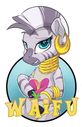 Size: 825x1275 | Tagged: safe, artist:hobbes-maxwell, zecora, zebra, cute, ear piercing, earring, female, flower, gradient background, heart, heart eyes, jewelry, mare, piercing, simple background, solo, waifu, waifu badge, white background, wingding eyes, zecorable