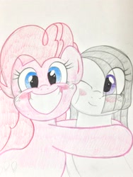 Size: 2448x3264 | Tagged: safe, artist:theobrobine, marble pie, pinkie pie, earth pony, pony, blushing, female, hug, looking at you, mare, one eye closed, pie sisters, pie twins, siblings, sisters, smiling, traditional art, twins