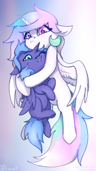 Size: 1080x1920 | Tagged: safe, artist:flysouldragon, princess celestia, princess luna, alicorn, pony, carrying, cewestia, cheek fluff, cute, duo, ear fluff, female, filly, foal, hug, leg fluff, phone wallpaper, royal sisters, siblings, sisters, wings, woona, younger