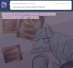 Size: 640x600 | Tagged: safe, artist:ttturboman, prince blueblood, pony, unicorn, ask, ask blueblood, big mac (burger), burger, food, hamburger, male, solo, stallion, wavy mouth