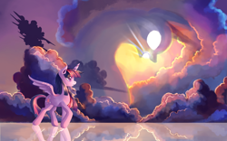 Size: 2560x1600 | Tagged: safe, artist:gianghanz, derpibooru import, twilight sparkle, twilight sparkle (alicorn), alicorn, pony, cloud, glowing eyes, reflection, scenery, solo, spread wings, sun