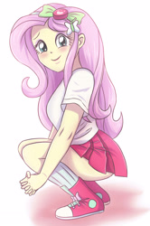 Size: 2315x3491 | Tagged: safe, artist:sumin6301, fluttershy, equestria girls, blushing, clothes, converse, cute, female, gradient background, hands together, legs, looking at you, miniskirt, pleated skirt, schrödinger's pantsu, shoes, shyabetes, skirt, smiling, sneakers, socks, solo, tanktop, thighs