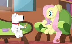 Size: 1148x696 | Tagged: safe, artist:porygon2z, fluttershy, pegasus, pony, brian griffin, cigarette, crossover, family guy, food, tea