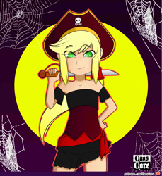 Size: 750x820 | Tagged: safe, artist:caoscore, applejack, equestria girls, clothes, costume, female, halloween, hat, holiday, patreon, patreon logo, pirate hat, solo, spider web, sword, weapon