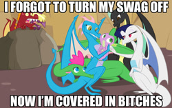 Size: 957x602 | Tagged: safe, artist:queencold, fume, garble, spear (dragon), spike, oc, oc:flare, oc:huddle, oc:ivory (dragon), oc:kindle, dragon, dragon oc, dragoness, female, image macro, jewel, male, meme, spike gets all the mares, swag, vulgar