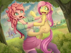 Size: 2666x1999 | Tagged: safe, artist:generalecchi, fluttershy, pinkie pie, human, pony, equestria girls, clothes, scared, square crossover, twilight's castle