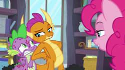 Size: 1280x720 | Tagged: safe, screencap, pinkie pie, smolder, spike, dragon, earth pony, pony, molt down, amused, dragoness, female, nudging, out of context, raised eyebrow, smiling, smirk, stone scales, teasing, trio, worried