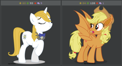 Size: 512x277 | Tagged: safe, derpibooru import, applejack, prince blueblood, princess bluebelle, earth pony, pony, applebat, derpibooru, exploitable meme, juxtaposition, juxtaposition win, meme, meta, rule 63, vector