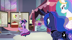 Size: 1920x1080 | Tagged: safe, screencap, princess celestia, princess luna, spike, twilight sparkle, twilight sparkle (alicorn), alicorn, dragon, pony, the summer sun setback, bed, checklist, comic book, winged spike