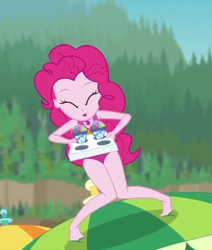 Size: 540x638 | Tagged: safe, screencap, pinkie pie, better together, equestria girls, too hot to handle, barefoot, clothes, cropped, eyes closed, feet, female, geode of sugar bombs, snowcone, solo, swimsuit