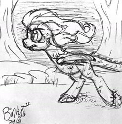 Size: 1728x1747 | Tagged: safe, artist:binkyt11, derpibooru exclusive, fluttershy, cockatrice pony, monster pony, original species, facial markings, fangs, fluttercock, forest, monochrome, running, solo, species swap, traditional art