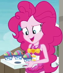 Size: 557x641 | Tagged: safe, screencap, pinkie pie, better together, equestria girls, too hot to handle, clothes, cropped, snowcone, solo, swimsuit