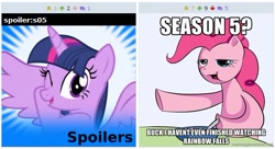 Size: 512x279 | Tagged: safe, derpibooru import, pinkie pie, earth pony, pony, derpibooru, exploitable meme, juxtaposition, juxtaposition win, meme, meta, spoiler image