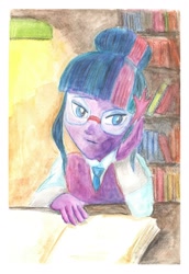 Size: 1300x1894 | Tagged: safe, artist:rufina-tomoyo, derpibooru import, sci-twi, twilight sparkle, equestria girls, clothes, crystal prep academy uniform, glasses, library, looking at you, night, school uniform, traditional art, watercolor painting