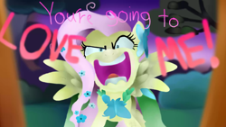 Size: 2560x1440 | Tagged: safe, artist:chillyzturtlez, fluttershy, pegasus, pony, season 1, the best night ever, flutterrage, scene interpretation, you're going to love me