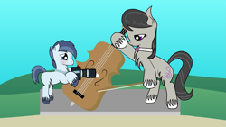 Size: 3369x1895 | Tagged: safe, artist:dinkyuniverse, octavia melody, shady daze, earth pony, pony, bow, bow (instrument), camera, cello, cello bow, chest fluff, crush, ear fluff, female, hoof polish, male, shadytavia, shipping, straight, unshorn fetlocks