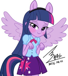 Size: 550x618 | Tagged: safe, artist:bluse, twilight sparkle, twilight sparkle (alicorn), alicorn, equestria girls, background removed, blushing, cutie mark on clothes, show accurate, signature, simple background, solo, white background