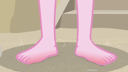 Size: 1280x720 | Tagged: safe, screencap, pinkie pie, equestria girls, equestria girls series, too hot to handle, barefoot, close-up, feet, hot, legs, ouch, pictures of legs, sand, solo