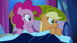 Size: 1366x768 | Tagged: safe, screencap, applejack, pinkie pie, earth pony, pony, do princesses dream of magic sheep, >rape, bed, scared