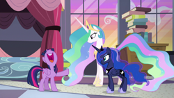 Size: 1920x1080 | Tagged: safe, screencap, princess celestia, princess luna, twilight sparkle, twilight sparkle (alicorn), alicorn, pony, the summer sun setback, bed, book, laughing