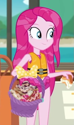 Size: 357x605 | Tagged: safe, screencap, pinkie pie, better together, equestria girls, the salty sails, basket, beautiful, clothes, cropped, cute, cuteamena, female, food, lifejacket, pinkamena diane pie, smiling, solo, swimsuit, wet hair