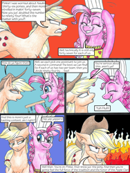 Size: 3000x4000 | Tagged: safe, artist:tillie-tmb, applejack, pinkie pie, earth pony, pony, comic:the amulet of shades, abacus, chef's hat, comic, fire, hat, high res, traditional art