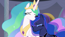 Size: 1920x1080 | Tagged: safe, screencap, princess celestia, princess luna, alicorn, pony, the summer sun setback, beautiful, canterlot, cute, cutelestia, female, lunabetes, mare, royal sisters, sisterly love