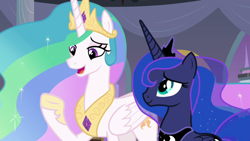 Size: 1920x1080 | Tagged: safe, screencap, princess celestia, princess luna, alicorn, pony, the summer sun setback, chestplate, crown, duo, ethereal mane, female, flowing mane, folded wings, hoof shoes, jewelry, lidded eyes, multicolored mane, open mouth, peytral, proud, raised hoof, regalia, royal sisters, siblings, sisters, smiling, starry mane