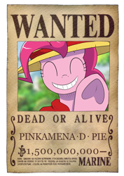 Size: 848x1200 | Tagged: safe, artist:feralroku, pinkie pie, pony, crossover, eyes closed, frog (hoof), monkey d luffy, one piece, smiling, solo, spoilers for another series, underhoof, wanted poster, waving