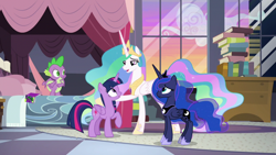 Size: 1920x1080 | Tagged: safe, screencap, princess celestia, princess luna, spike, twilight sparkle, twilight sparkle (alicorn), alicorn, dragon, pony, the summer sun setback, bed, book, comic book, winged spike