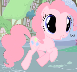 Size: 509x480 | Tagged: safe, edit, edited screencap, screencap, pinkie pie, earth pony, pony, boi, cropped, i dont even know, inflated head, meme, prancing, solo