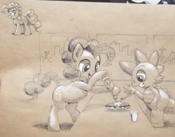 Size: 2891x2268 | Tagged: safe, artist:gsphere, pinkie pie, spike, dragon, pony, bipedal, bipedal leaning, duo, female, food, grayscale, hoof hold, hot sauce, leaning, male, mare, monochrome, skyline, traditional art