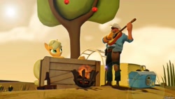 Size: 1920x1080 | Tagged: safe, artist:minutexium, applejack, human, 3d, apple, apple tree, crossover, engineer, fire, food, gmod, guitar, romantic, team fortress 2, three, tree