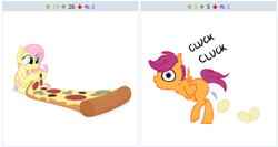 Size: 514x273 | Tagged: safe, artist:glacierclear, artist:zutheskunk edits, derpibooru import, fluttershy, scootaloo, pegasus, pony, derpibooru, eating, egg, exploitable meme, food, juxtaposition, juxtaposition win, laying an egg, meat, meme, meta, oviposition, pepperoni, pepperoni pizza, pizza, ponies eating meat, scootachicken