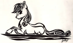 Size: 1971x1183 | Tagged: safe, artist:gaelledragons, applejack, earth pony, pony, female, hooves, mare, monochrome, on side, profile, simple background, solo, unshorn fetlocks, white background