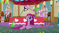 Size: 1280x720 | Tagged: safe, screencap, gummy, pinkie pie, spike, dragon, earth pony, pony, party of one, balloon, chair, confetti, curtains, great moments in animation, light, pinkamena diane pie, pinkie's room, rug, sad, table, tablecloth