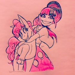 Size: 774x774 | Tagged: safe, artist:shinxshank, pinkie pie, earth pony, pony, crossover, deadpool 2, hug, smiling, spoilers for another series, traditional art, x-men, yukio