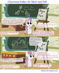 Size: 900x1115 | Tagged: safe, artist:birdco, sweetie belle, pony, unicorn, chalkboard, classroom follies, comic, female, filly, implied apple bloom, offscreen character, ponyville schoolhouse, show and tell, solo