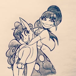 Size: 774x774 | Tagged: safe, artist:shinxshank, pinkie pie, earth pony, pony, crossover, deadpool 2, hug, monochrome, smiling, spoilers for another series, traditional art, x-men, yukio