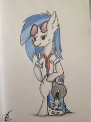 Size: 1936x2592 | Tagged: safe, artist:thom330, dj pon-3, vinyl scratch, pony, bipedal, dubstep gun, saints row, saints row iv, solo, traditional art