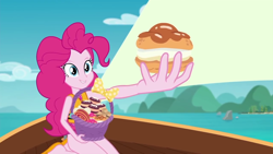 Size: 1280x720 | Tagged: safe, screencap, pinkie pie, equestria girls, equestria girls series, the salty sails, clothes, cupcake, food, ocean, pinkie's basket treasure, sailing, ship, solo, swimsuit