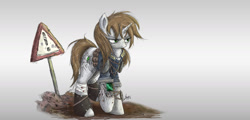 Size: 2000x962 | Tagged: safe, artist:ncmares, oc, oc only, oc:littlepip, pony, unicorn, fallout equestria, bandage, clothes, fanfic, fanfic art, female, gradient background, hooves, horn, mare, pipbuck, pipleg, sign, solo, vault suit