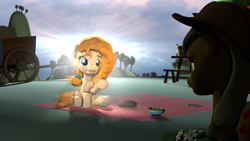 Size: 3840x2160 | Tagged: safe, artist:cutthroadstreak, applejack, pear butter, earth pony, ghost, pony, 3d, dream, duo, female, high res, mare, picnic, picnic blanket, source filmmaker, sun