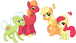 Size: 1280x720 | Tagged: safe, artist:porygon2z, derpibooru import, apple bloom, applejack, big macintosh, granny smith, earth pony, pony, adorasmith, apple bloom's bow, apple family, apple siblings, applejack's hat, april fools, big macintosh's yoke, bow, cowboy hat, cute, derpibooru, desktop ponies, granny smith's scarf, hair bow, hat, hatless, macabetes, male, meta, missing accessory, pixel art, stallion